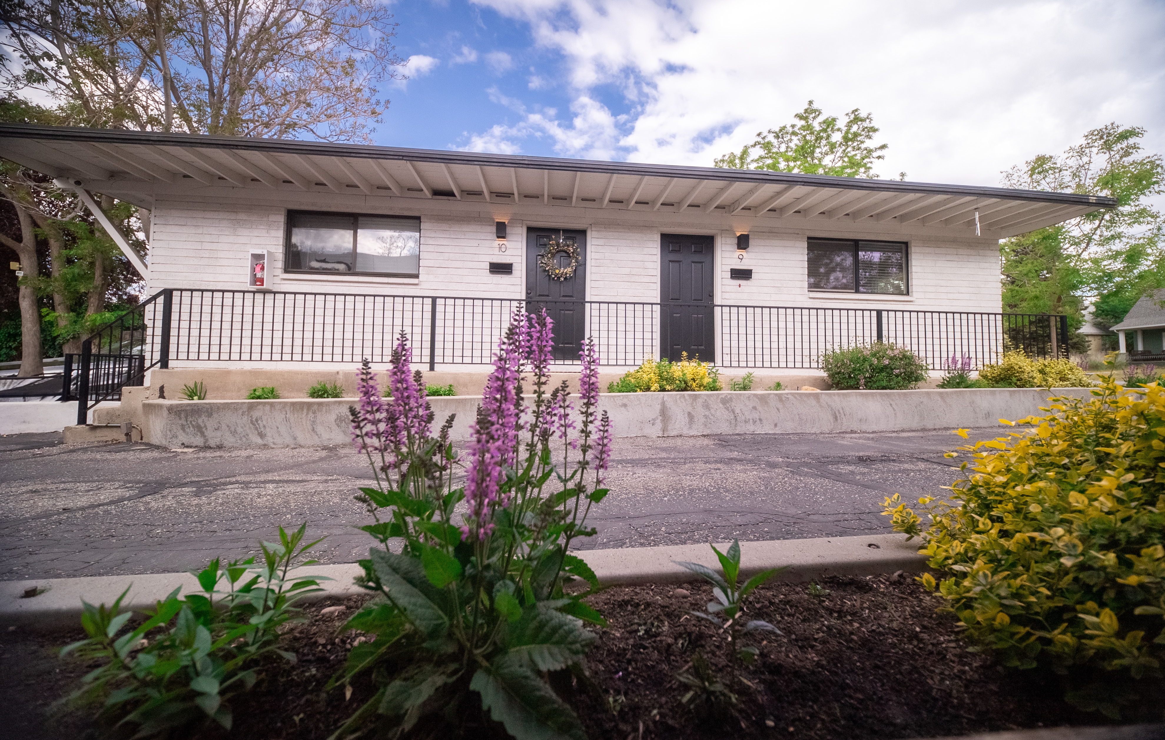 Landscaped exterior and apartment entrances