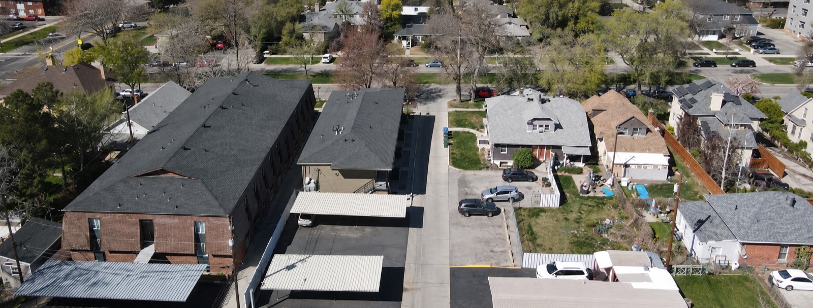 Aerial view of the building and the East Central neighborhood